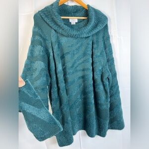 OSO Casuals Womens Green Fuzzy Knit Bell Sleeve Crawl neck Pullover Sweater 2X